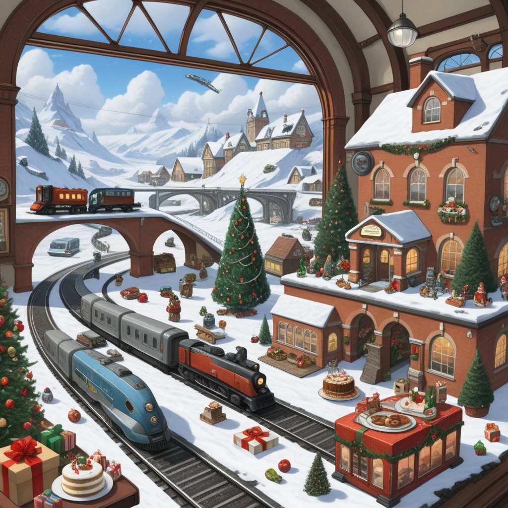 On the grownd in the living room [train station, bridge, window, science fiction, traditional media, motor vehicle, day, vehicle focus, road, gift, railway, christmas, food, cloud, box, cake, fireplace, plant, weapon, snow]