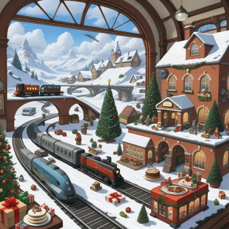 On the grownd in the living room [train station, bridge, window, science fiction, traditional media, motor vehicle, day, vehicle focus, road, gift, railway, christmas, food, cloud, box, cake, fireplace, plant, weapon, snow]