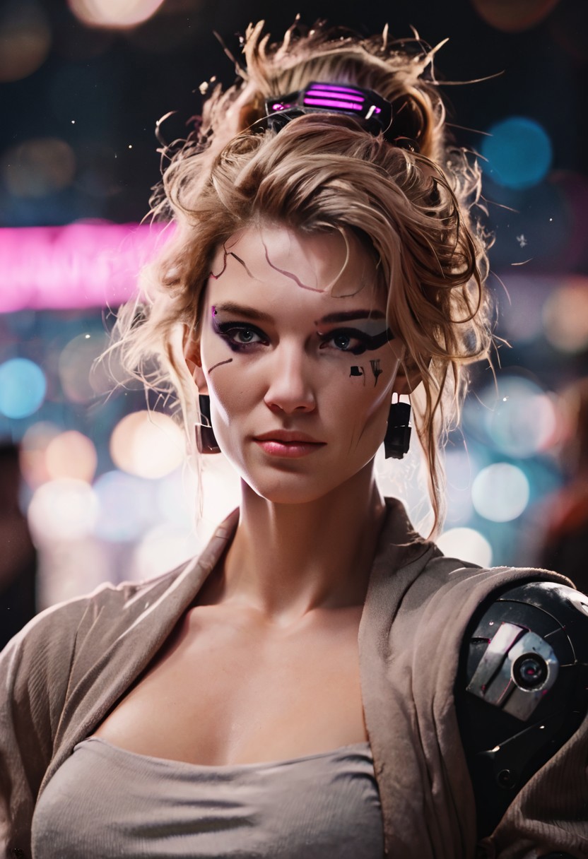 score_9, score_8_up, score_7_up, cyborg, ar3na1989, Kodak Motion Picture Film Style, 1girl, blonde hair, (neon purple light), (eye makeup), updo hair, bounty hunter, (bokeh), sci-fi, dark atmosphere, moody, cybernetic implants, aesthetic,