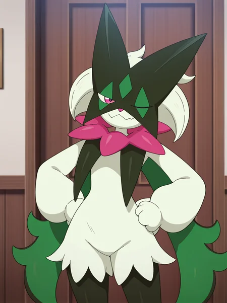 masterpiece, best quality, amazing quality, very aesthetic, absurdres, newest, anime screenshot anime coloring, <lora:MeowscaradaIllust:1>masquernyaillust, pokemon (creature), furry, solo, no humans, smile, pink eyes standing, smug, wink, hands on own hips,