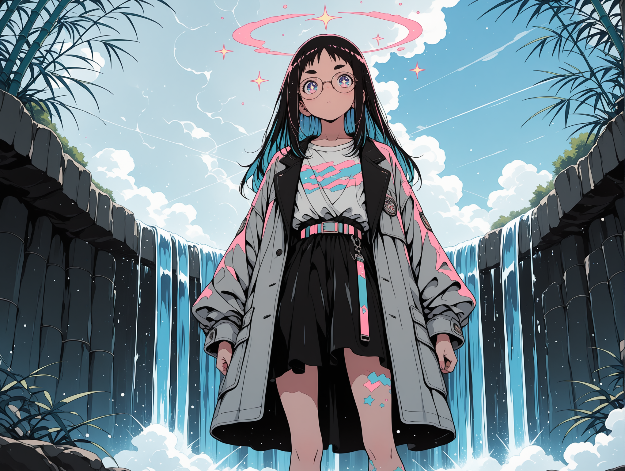 masterpiece,best quality,amazing quality, solo, character focus, outlines, line art, flat color, Vintage, 1990s \(style\), 
   light particles,     monochrome, spot color,    iridescent
1girl,      galaxy eyes, starry eyes, cute,          belt,  leg tattoo,  solo, 
floating,  
 overcoat,   multicolored clothes, split colors,  glasses,  thick eyebrows,    
  bamboo fabric maxi skirt, shirt,   
sfw,  
exterior, waterfall, sparkling dust, partly cloudy sky, 
 <lora:add-detail-xl:2> <lora:Detailer_NoobAI_Incrs_v1:1> <lora:feet_anime_il_v3:1> <lora:hand 5.5:1> <lora:anime_screencap-Illustrious:0.6> <lora:S4bit4mago:1> S4bit4mago_illu, <lora:OldAnimeStyle_XL_v3:0.2> <lora:re4lity:0.3> re4lity_sync_illu  <lora:MJPA:0.2> MJPA <lora:NijijourneyNoob_byKonan:0.6> <lora:Clean_Chibi_Style:-0.8> <lora:ILwatercolor:0.2>  <lora:crfjpple878c738ov33g:0.2> ARW