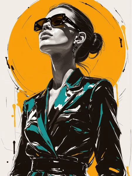 mad-mdrnmnmlsm painting of a cyberpunk woman wearing a futuristic kimono in front of stylized sun, cybernetic implants, paint splashes, outrun, teal and yellow background <lora:modern-minimalism-flux:1.0> brush_stroke