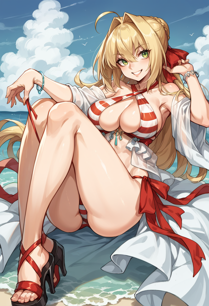 score_9, score_8_up, score_7_up, source_anime,  <lora:NeroClaudiuspdxl:1>, mlcasnero2, ahoge, blonde hair, bracelet, cleavage, criss-cross halter, green eyes, hair intakes, halterneck, high heeled sandals, jewelry, large breasts, long hair, see-through, side-tie bikini bottom, smile, striped bikini, red bikini,