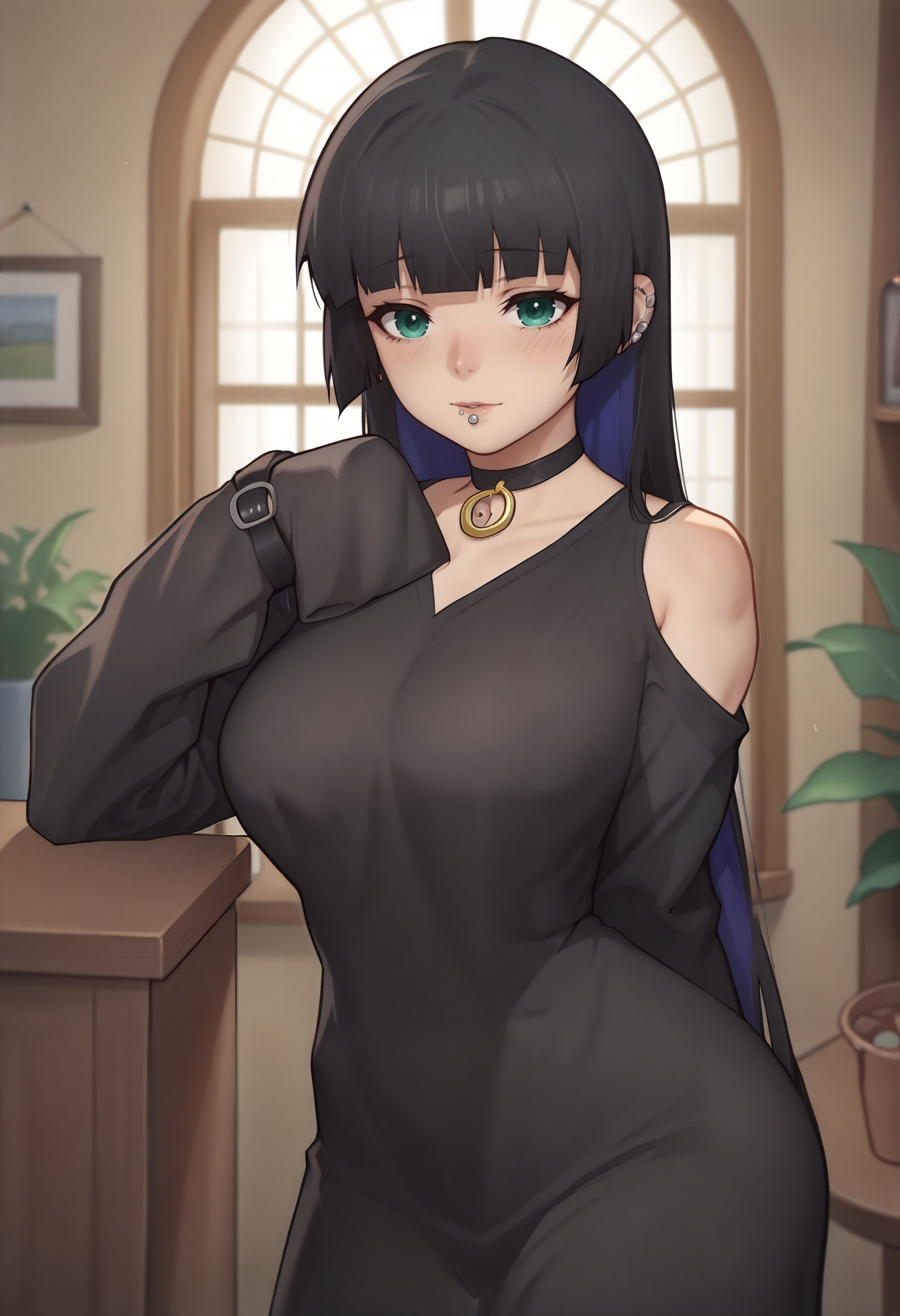 score_9, score_7_up BREAK 1girl,pasan, colored inner hair, large breasts, ear piercing, chin piercing, hime cut,choker, black dress, long dress, shoulder cutout, sleeves past fingers,upper body,indoors <lora:Hoseki_BocchiTheRock_Pasan_PDXL_v2:1>  <lora:asura_pd:1>