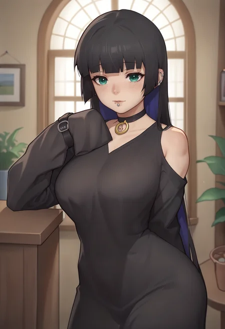 score_9, score_7_up BREAK 1girl,pasan, colored inner hair, large breasts, ear piercing, chin piercing, hime cut,choker, black dress, long dress, shoulder cutout, sleeves past fingers,upper body,indoors <lora:Hoseki_BocchiTheRock_Pasan_PDXL_v2:1> <lora:asura_pd:1>