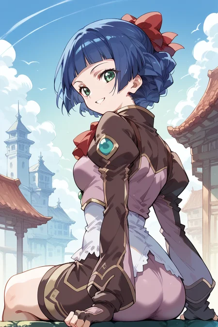 score_9, score_8_up, score_7_up, score_6_up,
<lora:Mamiina:1> mamiina, 1girl, solo, looking back, sitting, gloves, blue hair, fingerless gloves, long sleeves, smile, short hair, looking at viewer, bow, blunt bangs, bangs, sibylla, sky