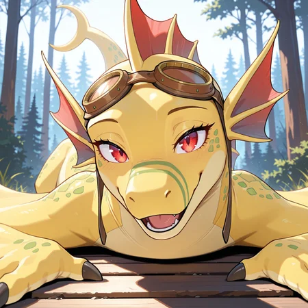 safe_pos, 1girl, highres, absurdres, newest, masterpiece, best quality, furry, furry_female, Adine_awsw, wyvern, green stripes on snout, head fins, crescent tail tip, green spots on scales, green spots on wings, yellow scales, dragon, scales, goggles, goggles on head, wings, tail, 1girl, red eyes, (feral, quadruped:1.3), detailed eyes, on_stomach, open_mouth, open mouth smile, wilderness, bright place, forest, god ray, dinamic light, cinematic light, day scene, professional lighting, solo, smiling, seductive, looking_at_viewer, masterpiece, close up, safe