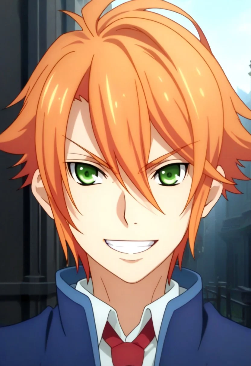 ((masterpiece)), ((best quality)), ((ultra-detailed)), ((absurdres)), score_9_up, score_8_up, score_7_up,
HD, top quality, best quality, amazing quality, High-quality illustrations, anime screencap, source_anime, best aesthetic, perfect proportions, perfect eyes, 1boy, 1male, solo boy, solo male, male focus, solo male focus, Anime, boy, male anime character, anime boy, handsome, sexy, cute, charming, ((face shot, focus on face only, face only shot)), Mumei Shokatsu, orange hair, green eyes, blue and white blazer, short sleeves, red necktie, long white forearm band, blue pants, ((big grin, showing teeth, angry eyes, determined expression)), updn, easynegative, Expressiveh, masterpiece, best quality, very aesthetic, absurdres