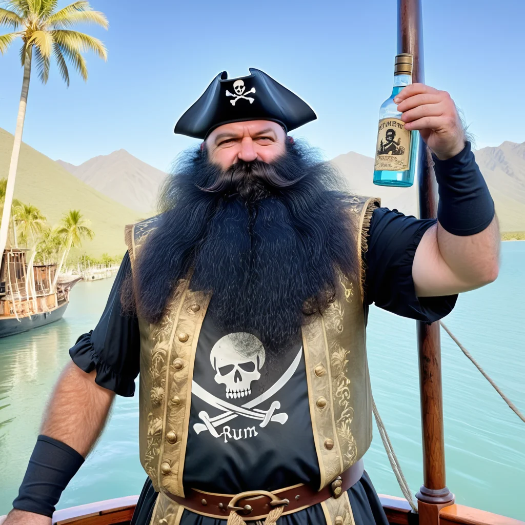 powerbeard, pirate captain, 17th century, long black wig, tall, burly, black hair, hairy arms, galleon, standing on main deck, skull and crossbones flag, jolly roger, rigging, rope coil, half full antique rum bottles, tropical inlet, aqua water, sun reflections on water, late afternoon, palm trees, distant mountains, detailed background, shadows<lora:Power_Beards:1>