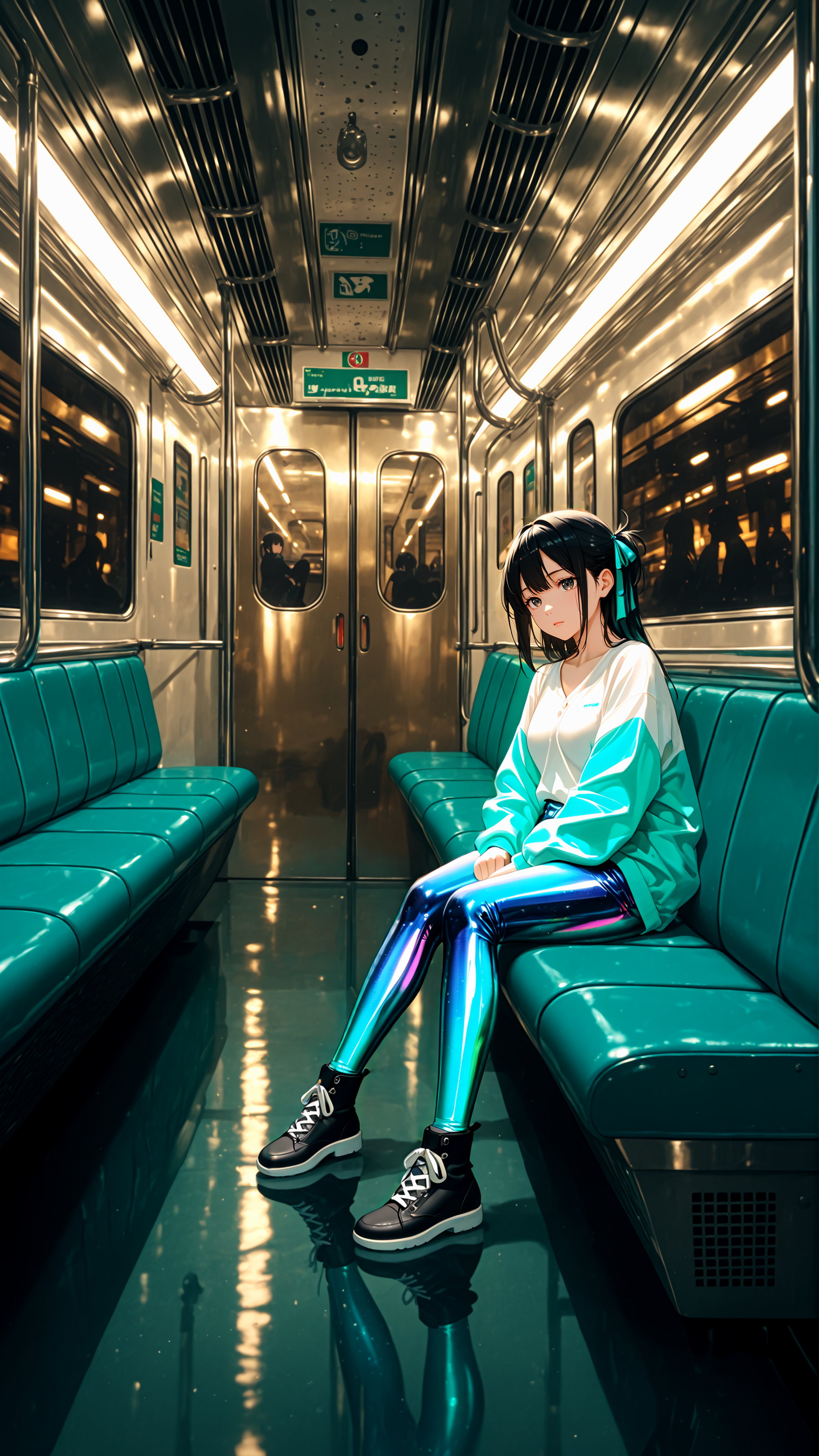 vibrant metallic colors, (Matte_Painting:1.8), detailed face,
1 female, expressionless, black hair, hair ribbon, Subway,sitting, aqua seats, metallic pipes, reflective wall,
