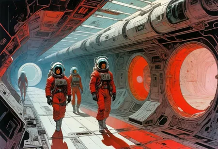 enki bilal, philippe druillet, moebius inspired heavy metal art, cell shading look, drawn with ink, scifi setting, Panoramic shot, two astronauts walk through derelict corridor of a space station, the corridor is shrouded in red light, it is an abandoned space station, there are missing covers on the wall and many cables and hoses can be seen, derelict