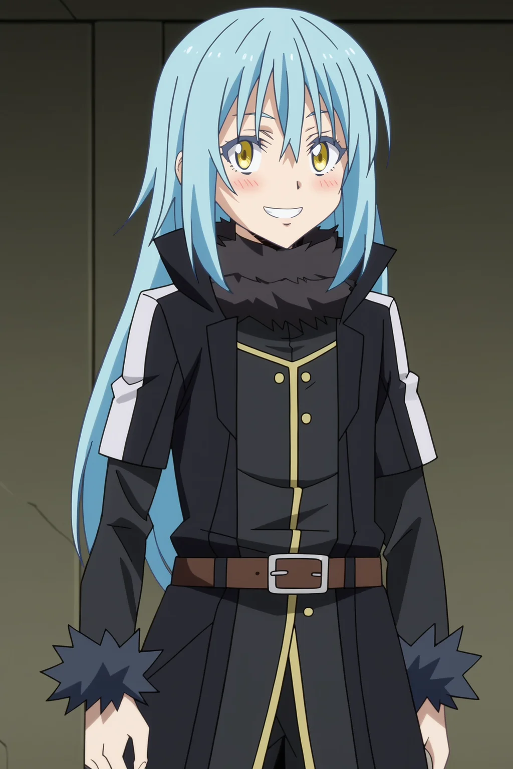 score_9, score_8_up, score_7_up, source anime, prefect lighting, very aesthetic, BREAK, anime screencap, anime coloring,
<lora:rimuru_tempest_v1-pdv6:1>, 1other, rimuru tempest, tensei shitara slime datta ken, yellow eyes, blue hair, long hair,
long sleeves, androgynous, fur collar, coat, belt, black coat, belt,
BREAK, smile, blush, looking at viewer,
BREAK,