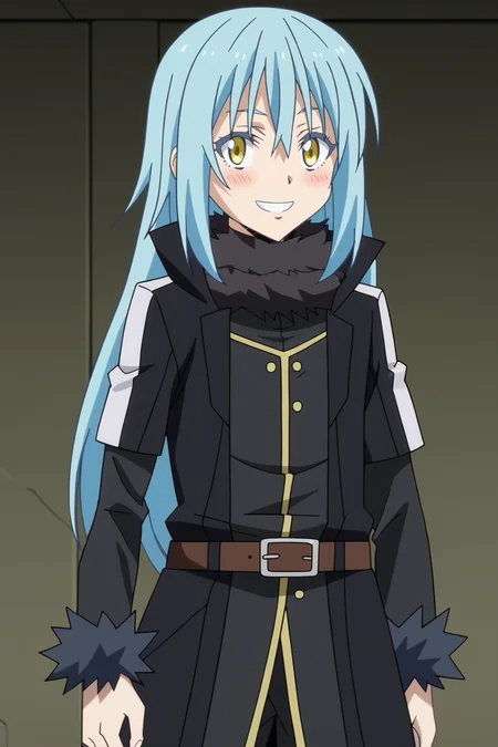 score_9, score_8_up, score_7_up, source anime, prefect lighting, very aesthetic, BREAK, anime screencap, anime coloring,
<lora:rimuru_tempest_v1-pdv6:1>, 1other, rimuru tempest, tensei shitara slime datta ken, yellow eyes, blue hair, long hair,
long sleeves, androgynous, fur collar, coat, belt, black coat, belt,
BREAK, smile, blush, looking at viewer,
BREAK,
