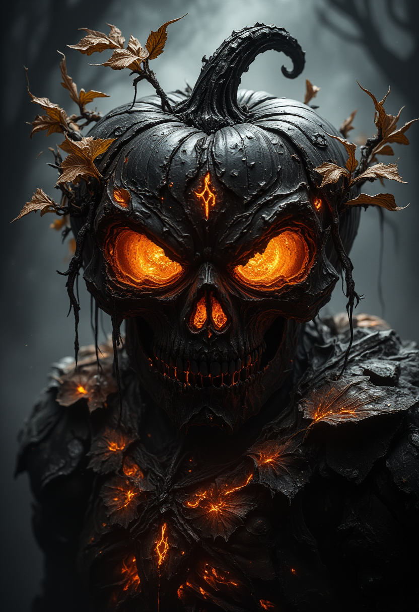 FredFraiStyle, Magical dark fantasy, surreal,"A hyper-detailed, nightmarish pumpkin-skullheaded creature, with deep, glowing orange eyes that are smoldering with dark mythical magic, the glowing eyes shine menacingly in the darkness. The creature's face is twisted into a horrifying skeletal grin, with jagged, decayed teeth and deeply etched furrows along the surface of the pumpkin, giving it an ancient and horrifying appearance. Tendrils of glowing orange magic coil and swirl around the creatures body with magical vines growing on its body, crackling and smoldering with an eerie glowing burning energy, enhancing its sinister mythical aura. A thick, dark vine grows from the top of its head, curling ominously into the air, and a single weathered leaf dangles from it. The creatureâs neck and shoulders are enveloped in a collar of large, tattered bioluminescent leaves, their edges rough and thorny, adding to its grotesque, plant-like form. Gnarled, twisted branches grow out from its body, intertwining with the glowing vines, creating a monstrous fusion of nature and horror.
The atmosphere is dark and foreboding, with black mist swirling around the creature as it looms in front of a shadowy, dead forest-like background. The glowing tendrils illuminate the mist, giving the scene a haunting mesmerizing glow. The scene is bathed in eerie, cinematic lighting, casting deep shadows that heighten the creatureâs otherworldly and terrifying presence. The overall mood is mystical, dark, and sinister, with a chilling sense of unease as the creature seems to emerge from a nightmarish realm. Hyper-realistic textures, sharp details on the pumpkinâs surface and head, intricate veins on the leaves, and a general feeling of dread as if the creature is alive and watching. micro bokeh, glowing, magical, etherial, "
<lora:FredFraiStyle-FLUX-Share:0.95>
<lora:Ars_MidJourney_Style_-_Flux:0.6>
<lora:- Flux1 - vanta_black_V2.0:0.55>
<lora:FLUX_faetastic:1>