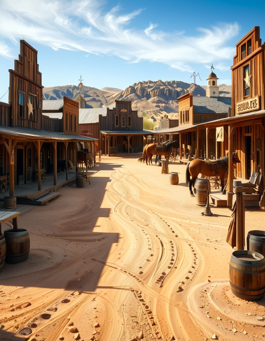 A classic Wild West town in the late 1800s, surrounded by arid desert and towering rock formations. The dusty main street is lined with wooden buildings, including a saloon with swinging doors, a sheriffâs office with a star emblem, a general store with a wooden sign, and a blacksmithâs shop with tools hanging outside. Old-fashioned wooden wagons are parked along the street, and a few horses are tied to hitching posts. The atmosphere is lively, with cowboys wearing wide-brimmed hats, boots, and leather dusters walking around, some talking near the saloon while others ride horses. The sky is bright blue with a few wispy clouds, and the sunlight casts long shadows on the ground. In the background, a water tower stands tall, and a windmill slowly turns in the breeze. The scene is full of rustic details, evoking the adventurous spirit of the American frontier.<lora:SDXLFaeTastic2400:0.4> <lora:extremely_detailed:0.4> extremely detailed, <lora:Western_v1ll4g3:1>,Western v1ll4g3, Masterpiece,best quality,hi res,8k,hi res,8k,award winning,(sharp focus, intricate, highly detailed),
