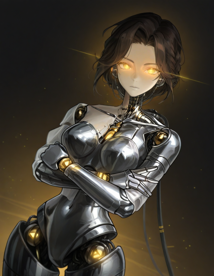 lucy,1girl, solo, android, looking at viewer, v,yellow eyes, glowing eyes,crossed arms,Dynamic Angle
 <lora:Lusyreverse1999:1>,, (masterpiece, best quality, high quality, highres, ultra-detailed),