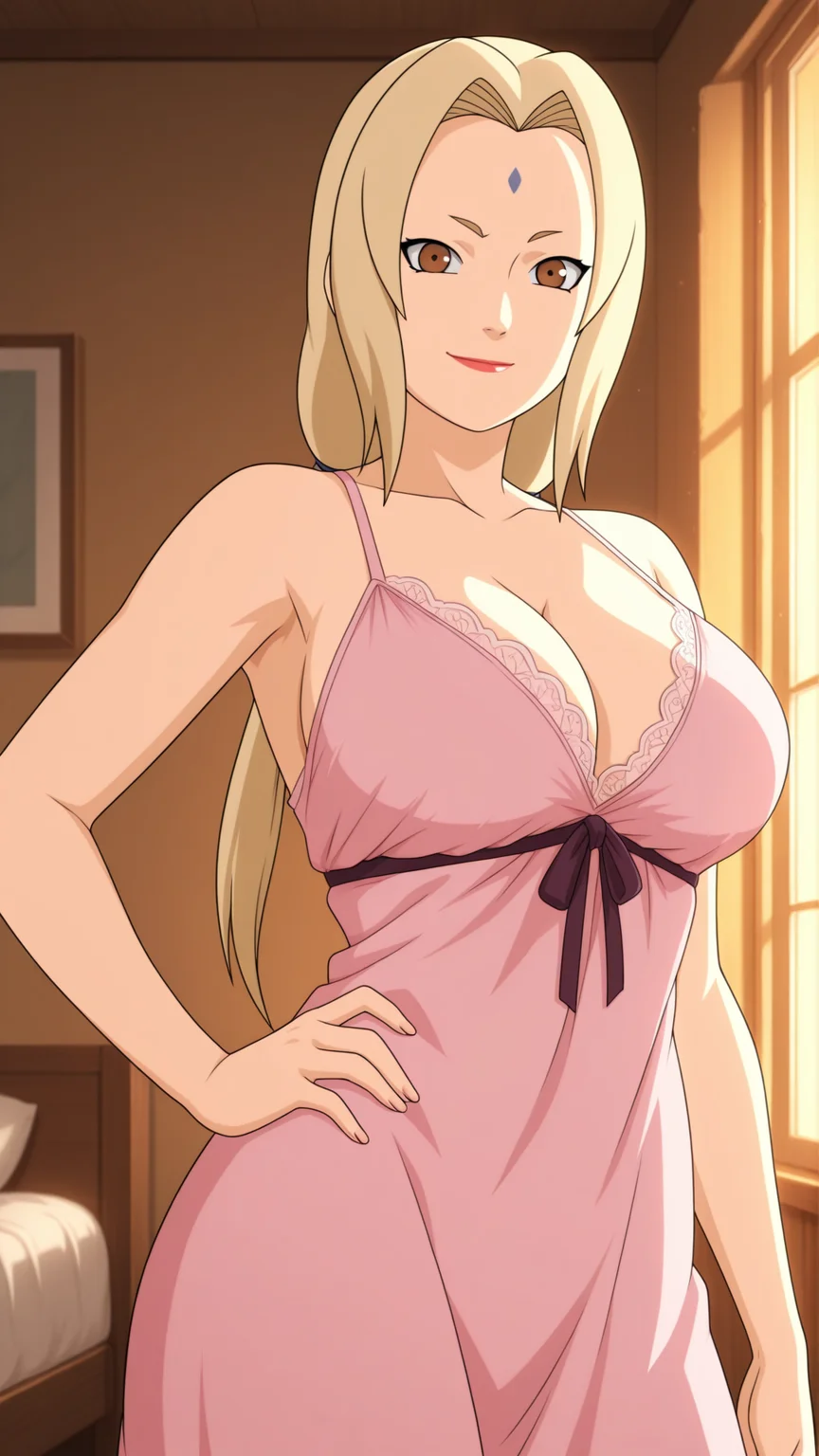 anime coloring, official style, highres, anime screenshot, dramatic lighting, intricate details, masterpiece, best quality, absurdres, depth, Tsunade_XL, facial mark, mature female, short eyebrows, forehead mark, 1girl, MAKEUP, RED LIPS, loooking at the viewer, solo, room, bedroom, pink dress, nightgown, breasts, closed mouth, bare shoulders, solo focus, window, sunset, sunlight, large breasts, perfect eyes, smile, hand on hip, ((official style)), <lora:Tsunade_XL-14:0.9>