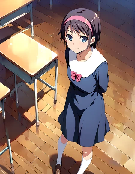 <lora:pony_xl_yuka:0.8>,yuka,score_9,score_8_up,score_7_up,source_anime,1girl,looking_at_viewer,school uniform,dress,shoes,white socks,kneehighs,wrinkling of clothes,classroom,wooden floor,standing,arms_behind_back,smile,