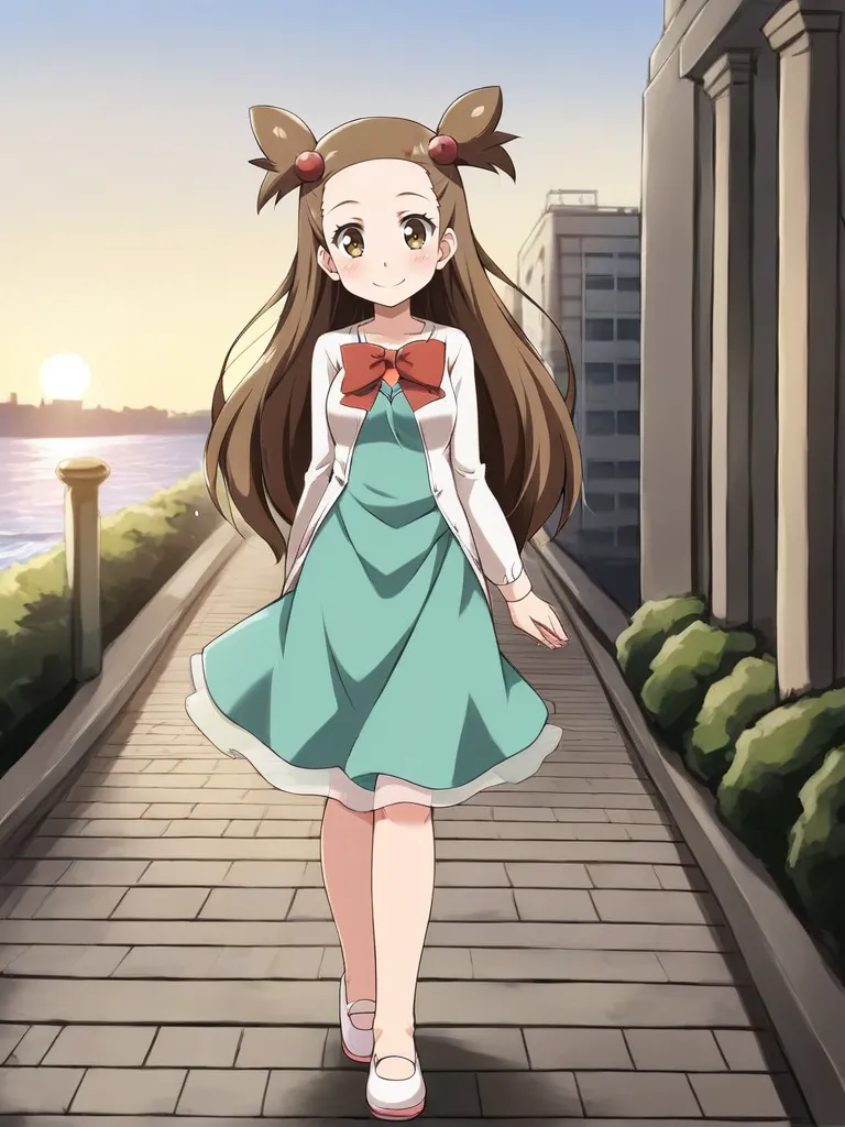 <lora:mijasminekantsukishiro:0.7>
1girl, solo, jasmikane, brown hair, long hair, two side up, hair bobbles, white cardigan, green dress, bow, outdoors, city, sea, sidewalk, standing, smile