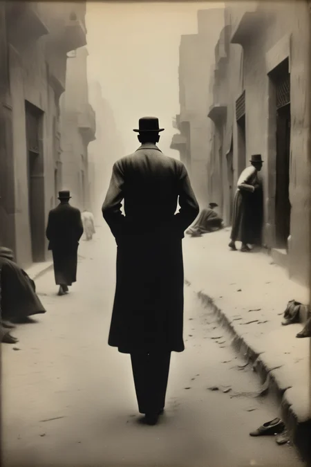 <lora:Ando Fuchs Style:1>Ando Fuchs Style - Visualize the man in his thirties left alone on the street, his figure seen from behind, his body slumping in defeat in 1928 Egypt.