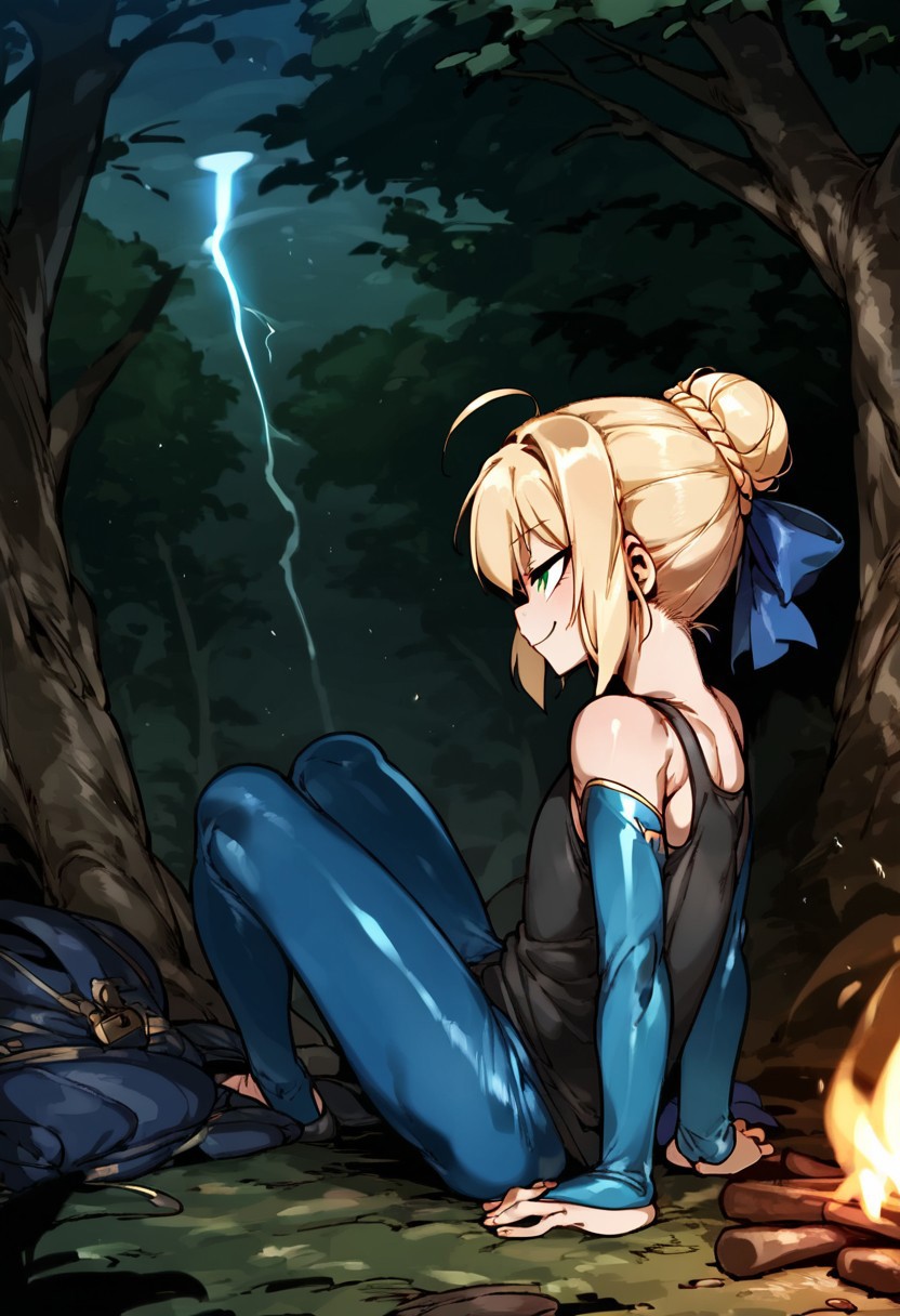 score_9, score_8_up, score_7_up, anime screencap, rating_safe, intricate details, , depth of field, doppel style, 1girl, saber \(fate\), blonde hair, green eyes, ahoge, hair between eyes, hair bun, hair bow, solo, from side, cabin, forest, campfire, dark, (dynamic pose), half-closed eyes, smile, <lora:blue_lock_style_pony:1.2>, blue_lock_style, , blue lock bodysuit, , black tank top, <lora:sdxl_lightning_8step_lora:1>