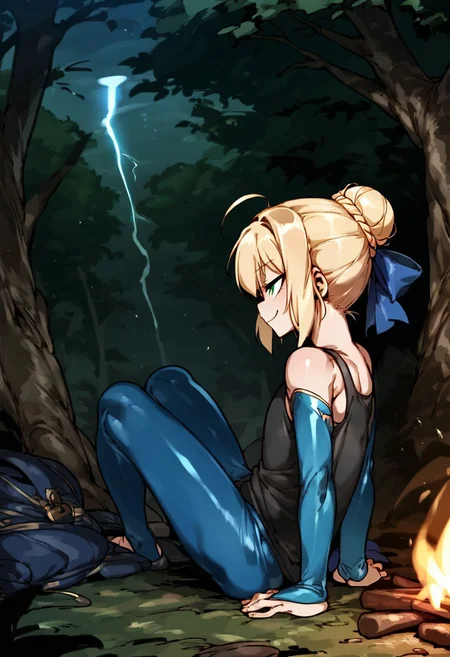 score_9, score_8_up, score_7_up, anime screencap, rating_safe, intricate details, , depth of field, doppel style, 1girl, saber \(fate\), blonde hair, green eyes, ahoge, hair between eyes, hair bun, hair bow, solo, from side, cabin, forest, campfire, dark, (dynamic pose), half-closed eyes, smile, <lora:blue_lock_style_pony:1.2>, blue_lock_style, , blue lock bodysuit, , black tank top, <lora:sdxl_lightning_8step_lora:1>