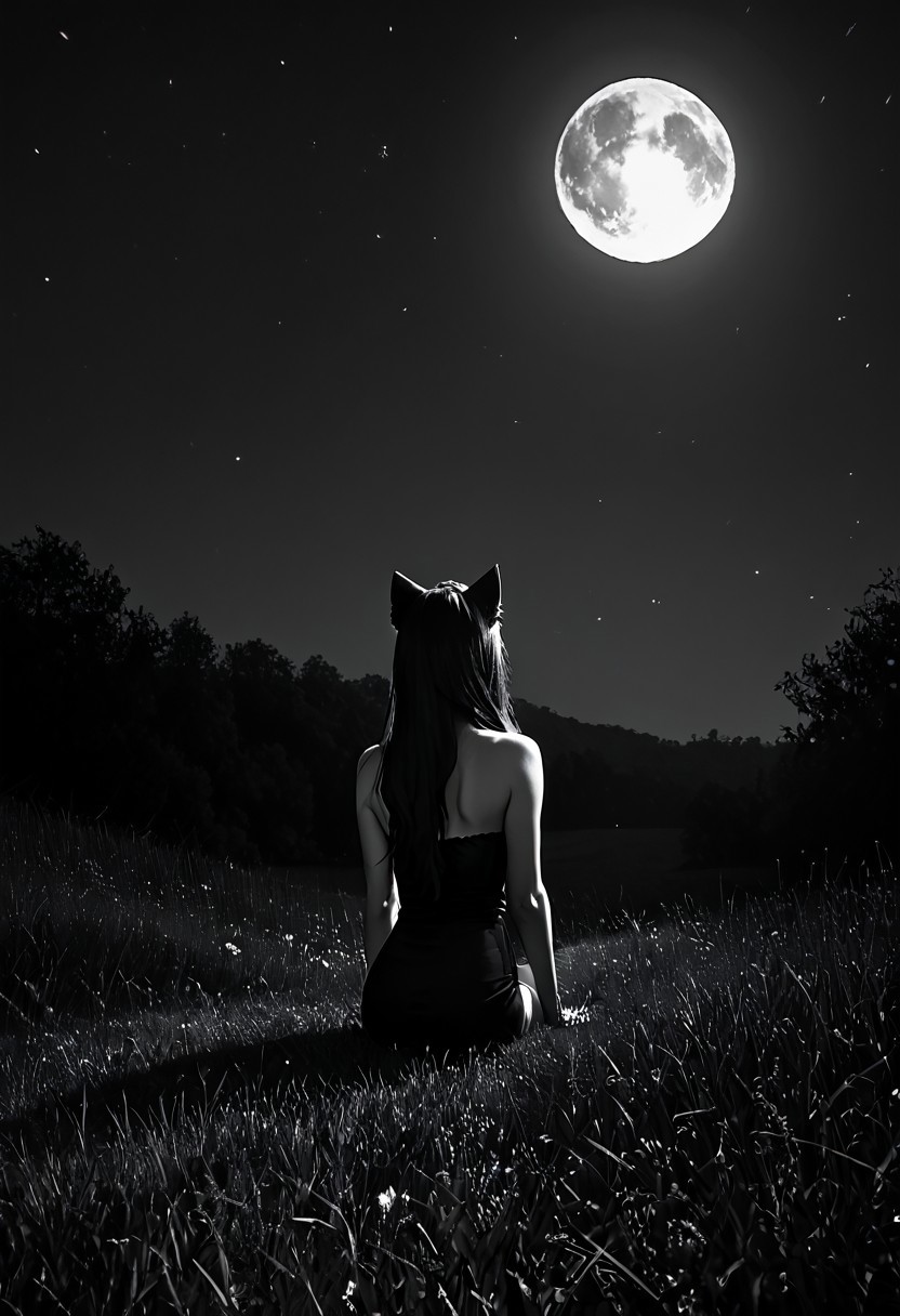 score_9, score_8_up, score_7_up, source_photo, Ultra detailed, dark theme, dim lighting, black theme, dark night, outdoors, grass hill, night sky, starry sky, monochrome, sitting, leg_outstretched, 
dark lit room, low lighting, shadows, black hair, long hair, lilykat, cat ears, dark lace strapless pencil dress, view from behind, facing away from camera, from below, full moon, moonlight