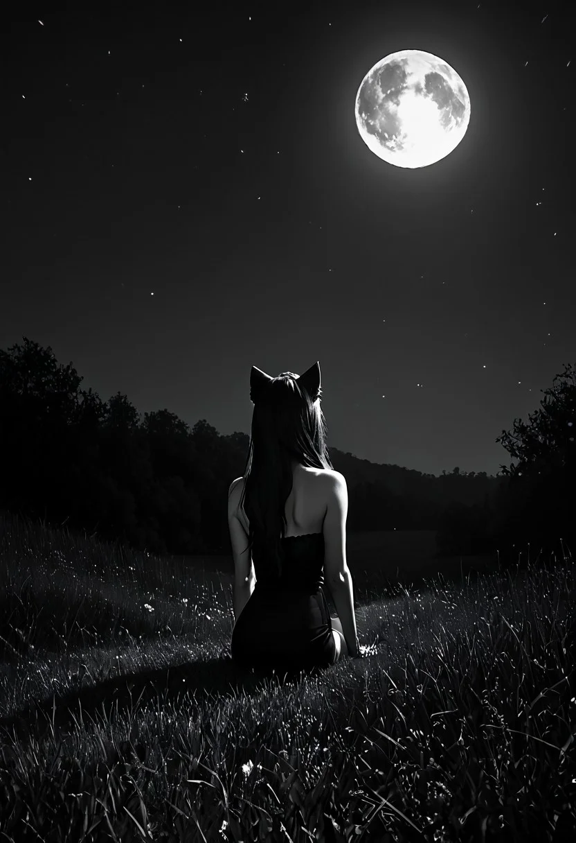 score_9, score_8_up, score_7_up, source_photo, Ultra detailed, dark theme, dim lighting, black theme, dark night, outdoors, grass hill, night sky, starry sky, monochrome, sitting, leg_outstretched,
dark lit room, low lighting, shadows, black hair, long hair, lilykat, cat ears, dark lace strapless pencil dress, view from behind, facing away from camera, from below, full moon, moonlight