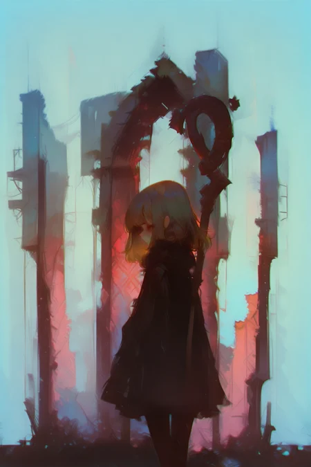masterpiece, best quality, very aesthetic, dynamic composition, sketch, traditional media, abstract, abstract background, painting \(medium\), no lineart, tennoji_rina,loving expression,Standing, 1girl, megumin, brown_hair, holding_staff, ruins, solo, chromatic aberration, building, outdoors, standing, post-apocalypse, facing away, pantyhose, city,