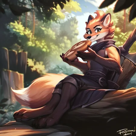 personalamistyle, score_9, score_8_up, score_7_up, score_6_up, score_5_up, score_4_up, source_furry, fleetFox, sitting on log, forest, looking at viewer, smile, bow (weapon), paws, holding bread, food, eating bread