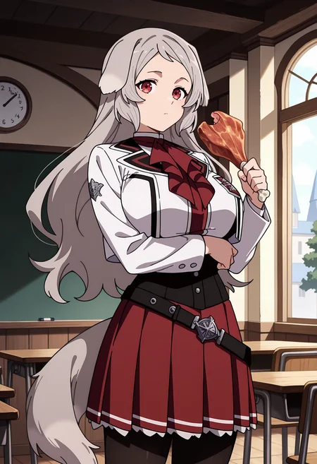 anime screencap, masterpiece, best quality,
<lora:MushokuTensei_Pursena_IlluXL:0.9>,
1girl, solo, expressionless,
long hair, grey hair, red eyes, dog ears, dog tail,
PursenaMT, cropped jacket, white jacket, red neckerchief, large breasts, white shirt, long sleeves, black corset, loose belt, black belt, pleated skirt, red skirt, black pantyhose,
holding food, meat, arm under breasts,
standing, looking at viewer,
indoors, medieval, classroom, chair, table, day