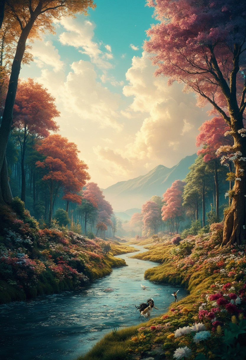 ( Soft colors and dreamy morning landscape), beautiful in the forest, A narrow river, beautiful view, full of beautiful flowers, sunrise sky, beautiful clouds, dappled sunlight, 
A wonderful waka-like landscape, 
I can see the mountains in the distance, 
depth of field, masterpiece, best quality, ultra-detailed, very aesthetic, illustration, perfect composition, intricate details, absurdres, moody lighting, wisps of light, no humans,