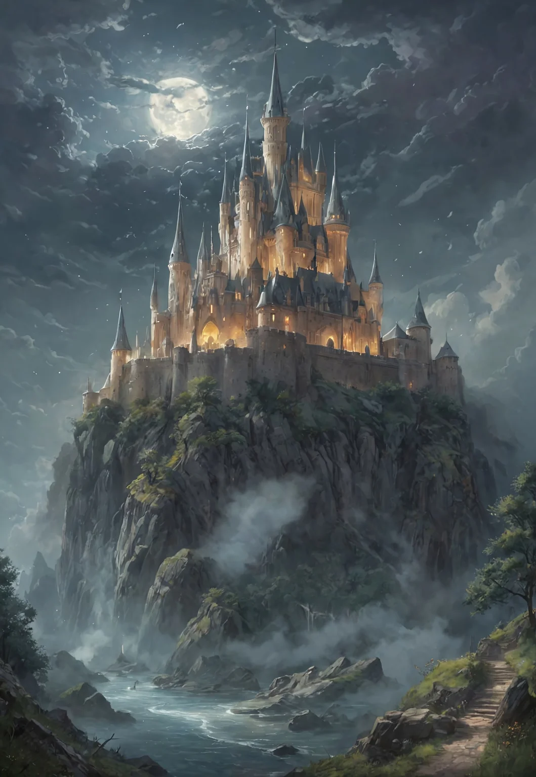Under the pale glow of the full moon, a magical castle floats serenely among the clouds. This fantastical scene is imbued with a dreamlike quality, the castle's intricate spires and turrets illuminated by the ethereal moonlight. Dark, swirling clouds form a dramatic backdrop, adding a touch of mystery to the scene. The castle itself appears ancient and majestic, with detailed stonework and towering battlements. Soft, glowing orbs of light float around the castle, enhancing the magical atmosphere. The overall mood is one of enchantment and wonder, as if the castle is a hidden sanctuary in the sky. romantic impressionism, dream scenery art, beautiful oil matte painting, romantic, style of Thomas Kinkade, beautiful digital painting, anime landscape, romantic painting, Thomas Kinkade style painting, dreamlike digital painting, colorful painting, beautiful gorgeous digital art, style thomas kinkade, janek sedlar, jenny saville