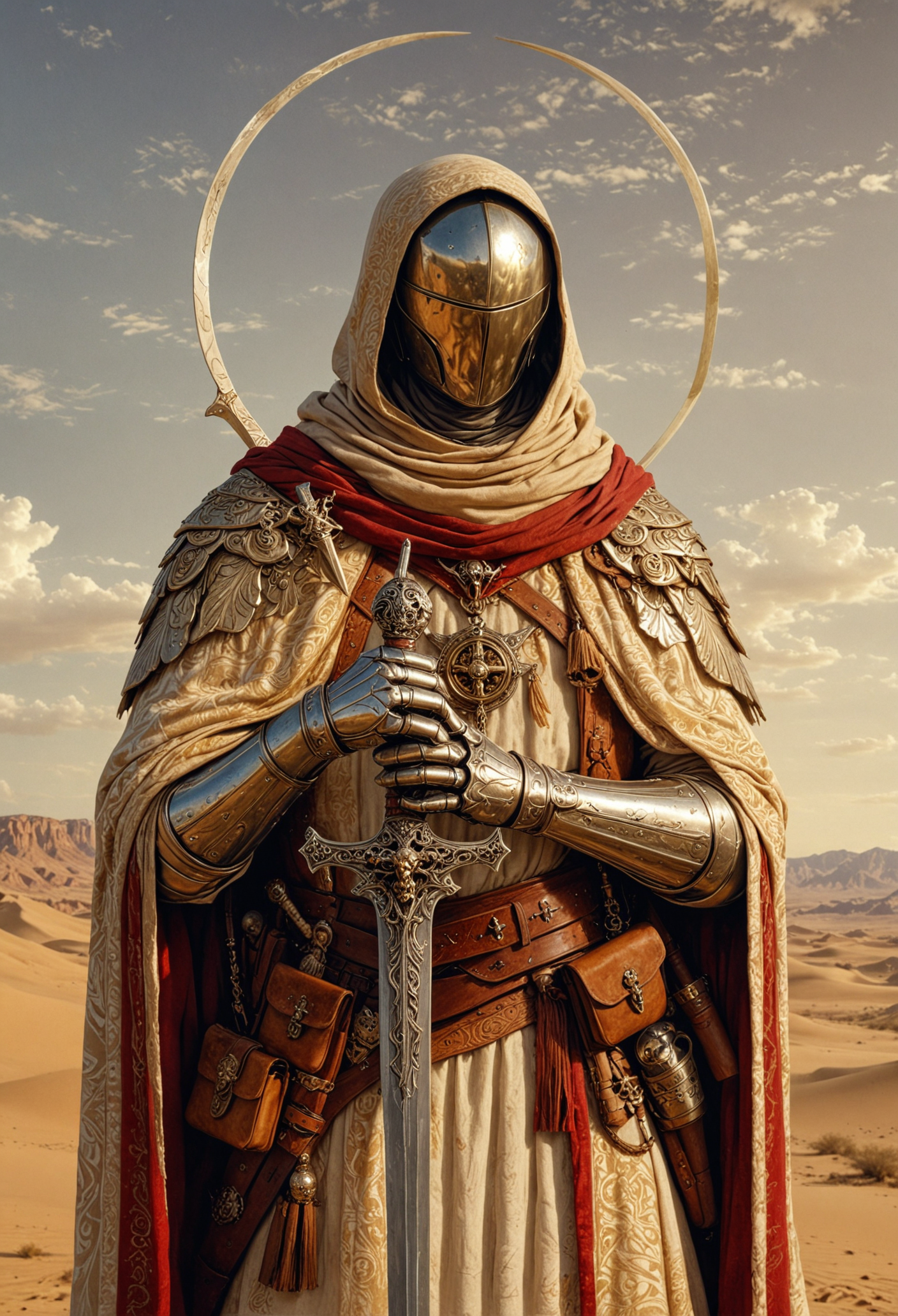 A regal figure stands cloaked in desert hues, beige and cream robes with intricate white patterns, clasping a silver sword adorned with a cross, a void-like helmet, a crimson sash, various leather pouches, a bone pendant, flintlock pistol, and detailed golden armor on limbs give contrast, soft sky, an open bright backdrop, <lora:MJ52_v2.0:1>, <lora:EpicF4nta5yXL:0.6>