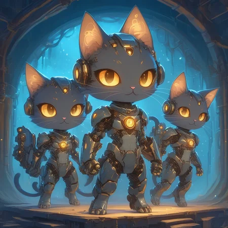 ethereal fantasy concept art of   <lora:Meowpocalypse:1> meowpocalypse, a pair of chibi anime cats, one fully cyborg with intricate robotic limbs and the other clad in high-tech battle armor, huddle together inside the rusted shell of an old train car. The soft, flickering glow of a makeshift hologram projector illuminates their faces, contrasting with the cold blue light of the shattered moon visible through the broken windows. The perspective is intimate, looking in from the train's opening, capturing the catsâ bond and the eerie beauty of the ruined world outside, littered with skeletal remains of long-abandoned cities. . magnificent, celestial, ethereal, painterly, epic, majestic, magical, fantasy art, cover art, dreamy