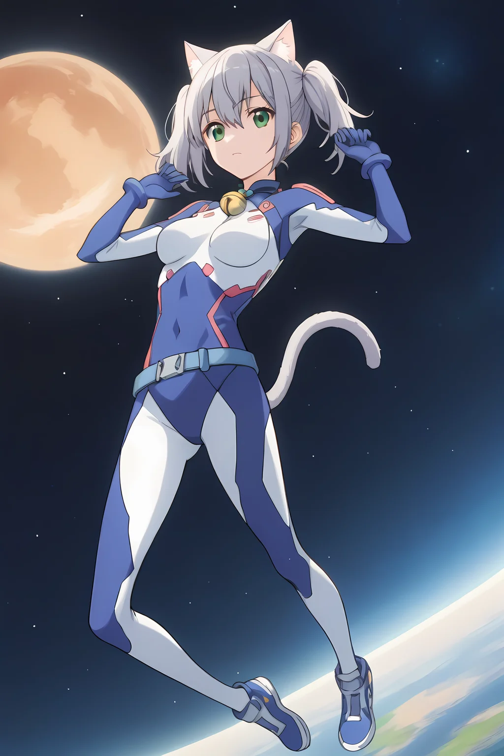 (blue bodysuit belt:1.50), cpc-chaika, short hair, short twintails, bangs, sidelocks, grey hair, hair between eyes, green eyes, cat ears, cat tail, neck bell,
1girl, solo, skinny, (source_anime, score_9, score_8_up, score_8, score_7_up), score_7, score_6_up, score_6, score_5_up, score_5, 
(:1.30),
(space:1.30),
(full body:1.60), (:1.10),
medium breasts
<lora:cpc-chaika-V01:0.60>