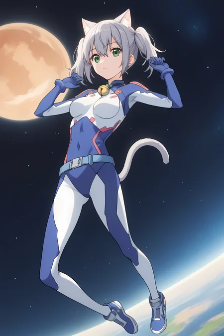 (blue bodysuit belt:1.50), cpc-chaika, short hair, short twintails, bangs, sidelocks, grey hair, hair between eyes, green eyes, cat ears, cat tail, neck bell,
1girl, solo, skinny, (source_anime, score_9, score_8_up, score_8, score_7_up), score_7, score_6_up, score_6, score_5_up, score_5,
(:1.30),
(space:1.30),
(full body:1.60), (:1.10),
medium breasts
<lora:cpc-chaika-V01:0.60>