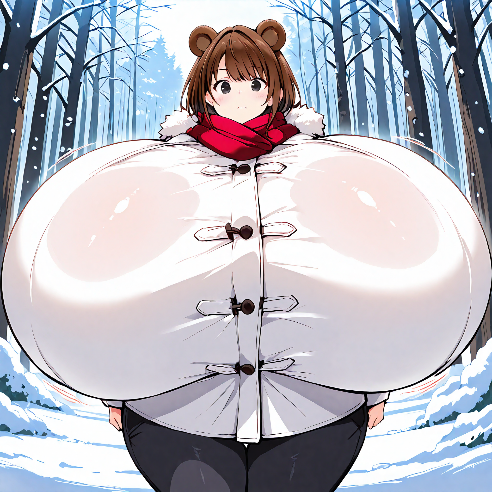 (masterpiece), best quality, (highly detailed), 1female, solo, hyper breasts, bear ears, brown hair, black eyes, hyper breasts, wide hips, white winter coat, pants, fitting clothes, forest, snow, cabin, red scarf, looking at viewer, blank expression, <lora:Kurocaze_Style_IllustriousV2:0.8>