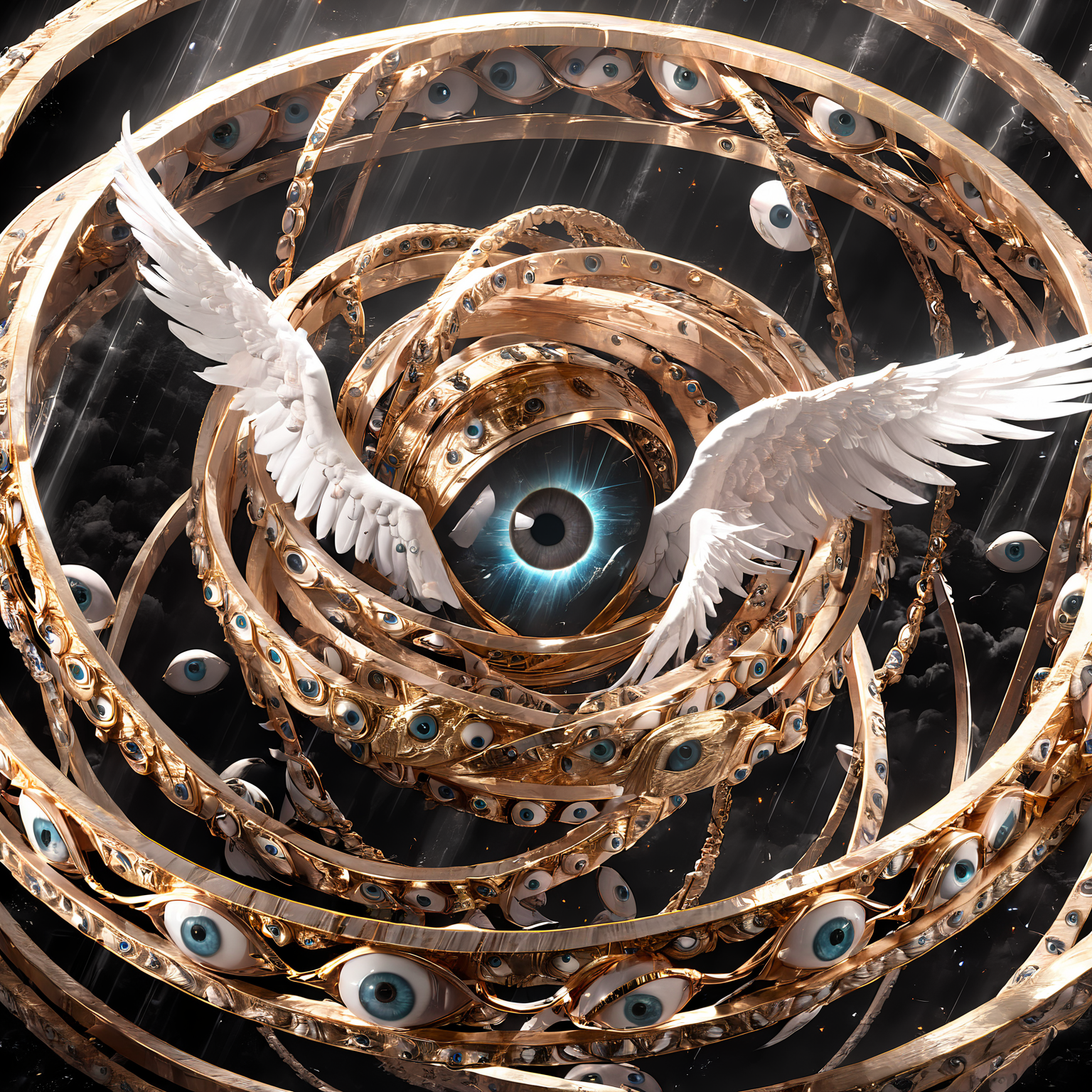 seraphins, mystical creature with hundreds of eyes and wings, with the shape of a giant ring, circular hoops around body, massive size, angelical lights <lora:Seraphins1.0-000038:0.8>