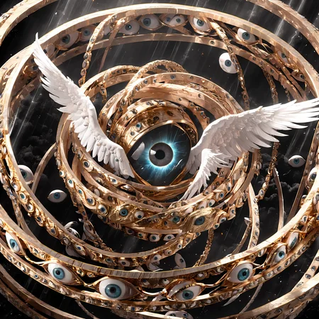 seraphins, mystical creature with hundreds of eyes and wings, with the shape of a giant ring, circular hoops around body, massive size, angelical lights <lora:Seraphins1.0-000038:0.8>