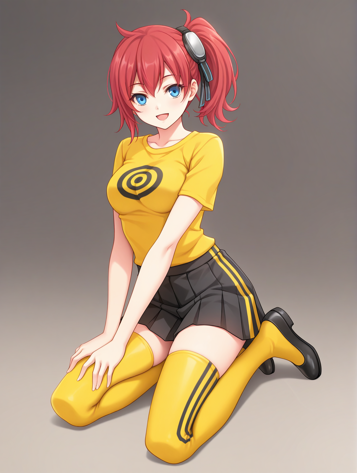 (yellow shirt print shirt black skirt yellow thighhighs black flats:1.50), 
dsc-ami, blue eyes, red hair, side ponytail, goggles on head,  
1girl, medium breasts, 
(masterpiece, highres, ultra-detailed,very aesthetic, best quality, absurdres, high quality, highres), 
happy,
,
(:1.10), 
BREAK,
,
,
(solo:0.90), (skinny:0.8),
(by alpha_(alpha91)),
<lora:dsc-ami-V03-illXL:0.60>