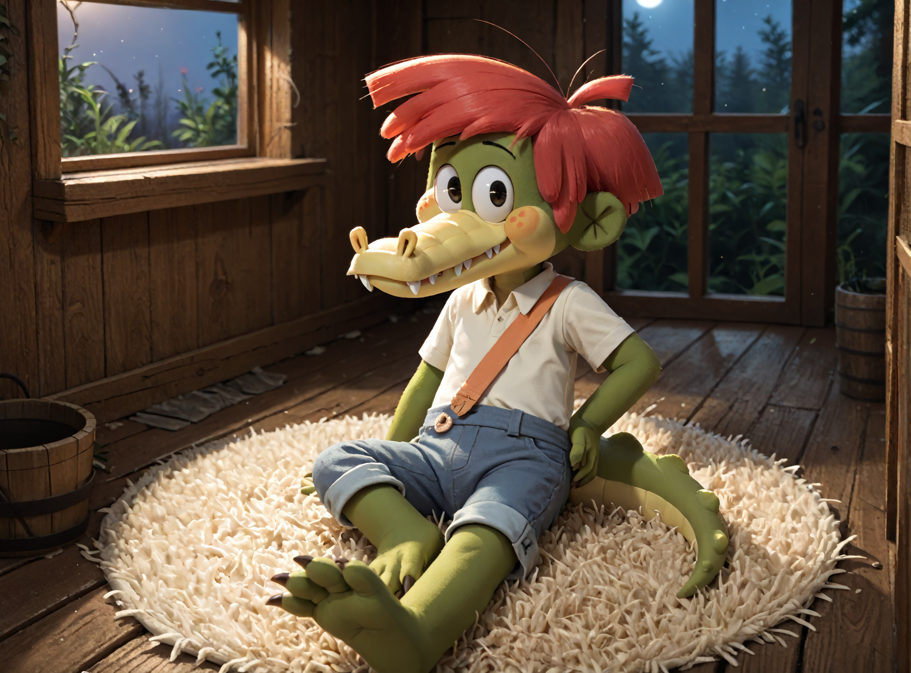 <lora:ArloXL-000070:1>  male, Arlo beauregard, cute, alligator, scalie, black eyes, detailed scales, red hair, young, solo, freckles, green body, night, toony, lying, on side, looking at viewer, on a green carpet, hand on hip, feet, in a cabin, swamp on window, clothed, overalls, yellow shirt, orange strap, BREAK masterpiece, best quality, score_9_up,score_8_up,score_7_up,score_6_up,score_5_up,score_4_up, source_furry, highly detailed, detailed background, absurdres, cinematic lighting, high resolution, 8K, perfect hands, highres, <lora:spo_sdxl_10ep_4k-data_lora_webui:2> <lora:Hyper-SDXL-2steps-lora:1>
