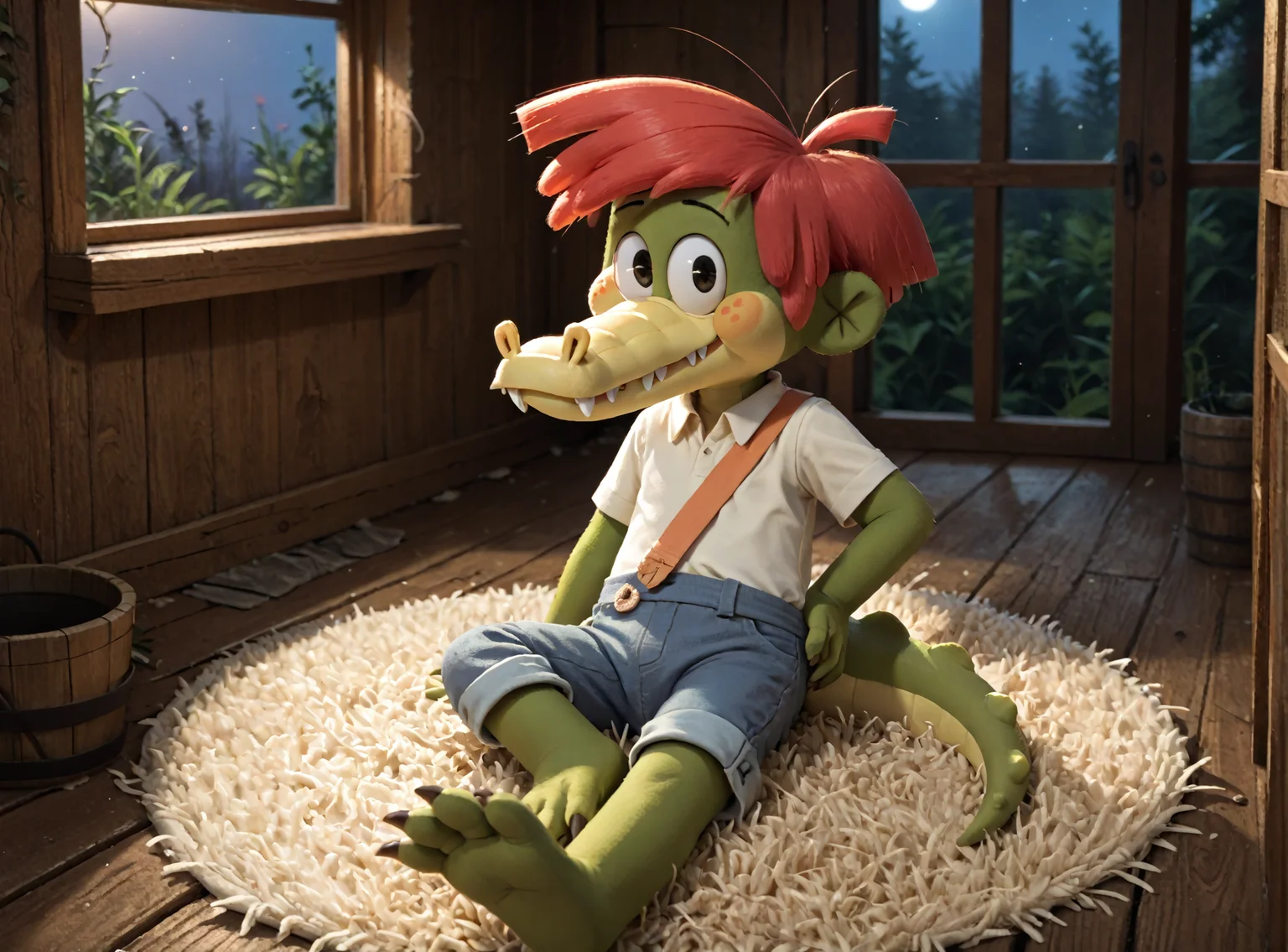 <lora:ArloXL-000070:1> male, Arlo beauregard, cute, alligator, scalie, black eyes, detailed scales, red hair, young, solo, freckles, green body, night, toony, lying, on side, looking at viewer, on a green carpet, hand on hip, feet, in a cabin, swamp on window, clothed, overalls, yellow shirt, orange strap, BREAK masterpiece, best quality, score_9_up,score_8_up,score_7_up,score_6_up,score_5_up,score_4_up, source_furry, highly detailed, detailed background, absurdres, cinematic lighting, high resolution, 8K, perfect hands, highres, <lora:spo_sdxl_10ep_4k-data_lora_webui:2> <lora:Hyper-SDXL-2steps-lora:1>