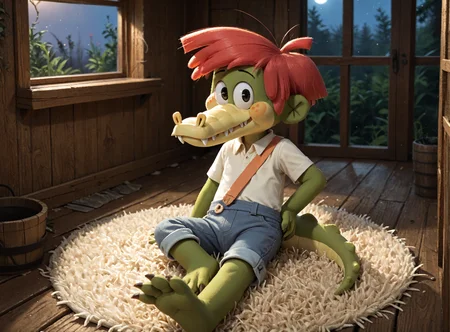 <lora:ArloXL-000070:1> male, Arlo beauregard, cute, alligator, scalie, black eyes, detailed scales, red hair, young, solo, freckles, green body, night, toony, lying, on side, looking at viewer, on a green carpet, hand on hip, feet, in a cabin, swamp on window, clothed, overalls, yellow shirt, orange strap, BREAK masterpiece, best quality, score_9_up,score_8_up,score_7_up,score_6_up,score_5_up,score_4_up, source_furry, highly detailed, detailed background, absurdres, cinematic lighting, high resolution, 8K, perfect hands, highres, <lora:spo_sdxl_10ep_4k-data_lora_webui:2> <lora:Hyper-SDXL-2steps-lora:1>