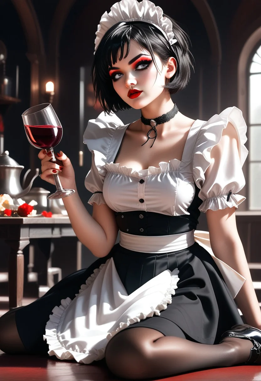 score_9, score_8_up, score_7_up, 4L14NDRA, BLACK HAIR, SHORT HAIR, GREY EYES, MAKEUP, RED LIPS, NAIL POLISH, RED NAILS, MEDIUM BREASTS, MAID, MAID HEADDRESS, APRON, BLACK SKIRT, WHITE SHIRT, PUFFY SLEEVES, CHOKER, PANTYHOSE, BLACK SHOES, pouring wine in a parlor, sexy pose, depth of field, highly detailed, high contrast, film grain, Rim Lighting