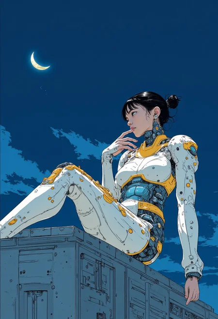 An illustration of a 26 year old Japanese woman. She has black hair tied up in 2 side buns. She has is wearing a white and gold cybernetic bodysuit. She sits on the edge of a roof with her feet over the edge waiting.
The night sky behind her. A crescent moon overhead.