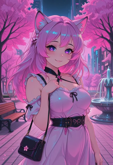 (masterpiece, best quality:1.3), pink hair, purple eyes, cat_ears, yandere, gentle smile, medium breasts, loving_gaze, looking_at_viewer, BehindCatgirl, CatGirlStyle, dress, city, outside, park, fountain, bench, CivChan, sakura, cherry blossoms, pinkneoncybercore, purse, cute, night