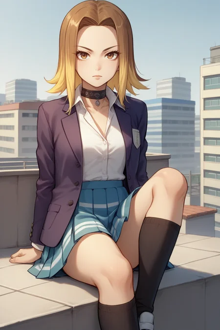 score_9, score_8_up, 1girl, solo, source_anime,  <lora:zs_YumiXL:1>: yumiif, blazer, shirt, pleated skirt, choker, multicolored hair, blonde hair, brown hair, socks, school building, roof, looking at the viewer, sitting