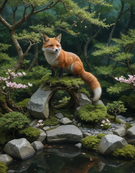 The image showcases an extraordinary being that seems to be a fusion of a fox, a bonsai tree, and a constellation, captured in what appears to be a serene Japanese garden at night.
The creature has the general shape and size of a red fox, with a slender body, pointed ears, and a bushy tail. However, instead of fur, its body is covered in a layer of fine, moss-like growth interspersed with delicate cherry blossom flowers. The moss shifts in color from deep greens to soft blues, creating a living tapestry across its form.
The fox's tail is where the bonsai element truly shines. It fans out into an intricate network of miniature tree branches, complete with tiny leaves and even smaller cherry blossoms. This bonsai tail appears to be in perfect proportion, as if crafted by a master gardener over many years.
Most strikingly, portions of the creature's body seem to be composed of star-like lights connected by faint, glowing lines - like a living constellation. These stellar patterns are most prominent along its back and face, creating the impression that you're looking at a piece of the night sky shaped into a fox form.
The being's eyes are particularly captivating - they appear as swirling galaxies, deep and mesmerizing, suggesting both ancient wisdom and cosmic playfulness.
As the creature moves, small firefly-like lights drift off its body, leaving brief, glowing trails in the air before fading away. This gives the impression of stars gently falling around it with each step.
The setting is a traditional Japanese garden at night. A stone lantern casts soft light nearby, illuminating a small koi pond and a carefully raked gravel path. Bamboo sways gently in the background, and a torii gate is just visible in the distance.
Despite the fantastical nature of this hybrid creature, the photograph appears incredibly lifelike. Every detail is rendered with photorealistic precision - from the texture of the moss and the delicate structure of the bonsai branches to the subtle glow of the constellation patterns and the reflection of starlight on the pond's surface.
The creature is captured mid-step, one paw raised as it walks along the edge of the koi pond. Its posture is alert yet serene, its galaxy eyes focused on something just out of frame, creating a sense of mystery and magic in this beautifully composed nocturnal scene.
