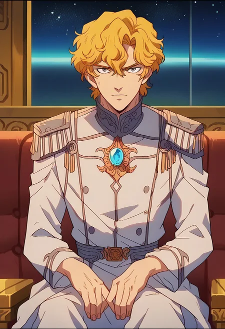 score_9, score_8_up, score_7_up, score_6_up, score_5_up, score_4_up, source_anime, 1boy, Reinhard, sitting in a royal chair, space station background, looking at viewer, anime screencap